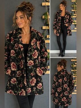 Saltwater Luxe Sherpa Coat Jacket Size S Black Floral Rose Teddy Coat